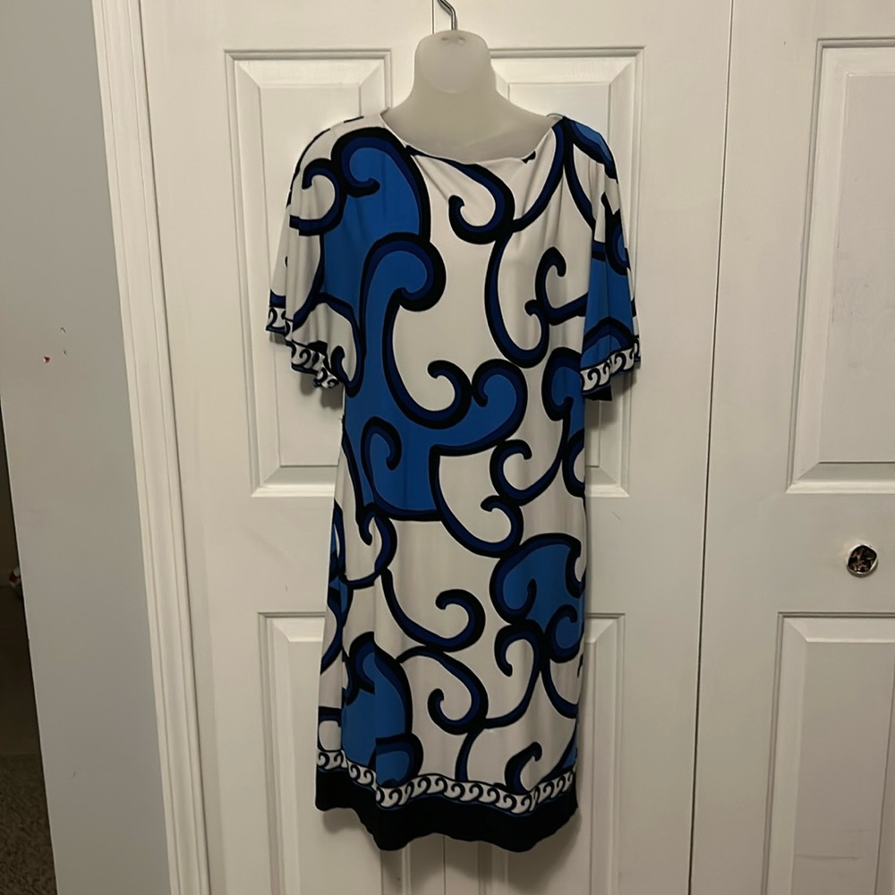 dressbarn Dress sz 10 Blue white black batwing sleeves GUC B1313